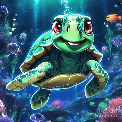 Reptiles Drawings Royalty Free Images - Turtle as Ariels Fish Friends Royalty-Free Image by Adrien Efren