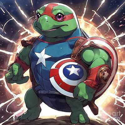 Reptiles Drawings - Turtle as Captain Americas Shield by Adrien Efren