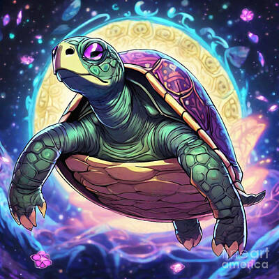 Reptiles Drawings - Turtle as Jasmines Magic Carpet Ride by Adrien Efren