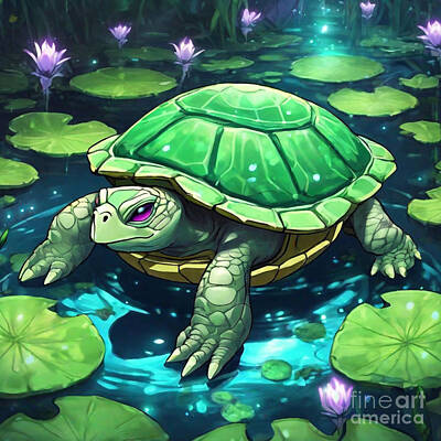 Reptiles Drawings - Turtle as Tianas Bayou Lily Pad by Adrien Efren