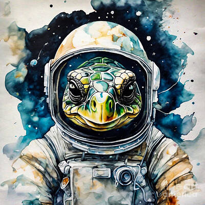 Reptiles Drawings - Turtle Astronaut Exploring a New Planet by Adrien Efren