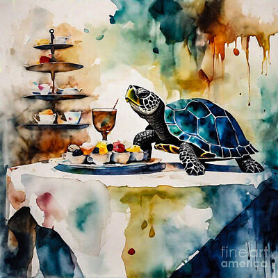 Reptiles Drawings - Turtle at a Tea Party by Adrien Efren