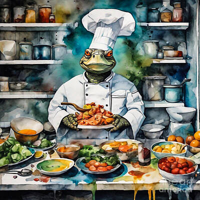 Reptiles Drawings - Turtle Chef in a Kitchen of Oversized Ingredients by Adrien Efren