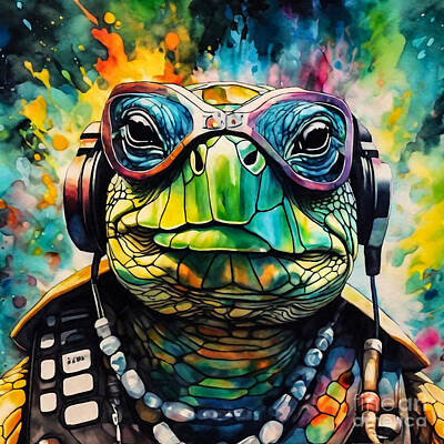 Reptiles Drawings Royalty Free Images - Turtle DJ at a Forest Rave Royalty-Free Image by Adrien Efren