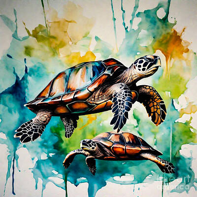 Reptiles Drawings - Turtle Family Portrait by Adrien Efren