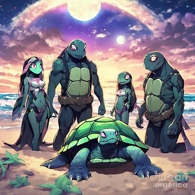 Reptiles Drawings - Turtle Family Portrait on a Beach by Adrien Efren