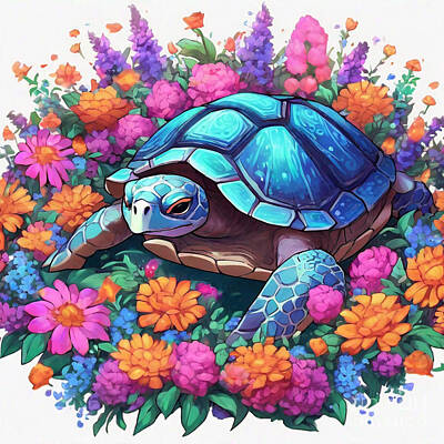 Reptiles Drawings Royalty Free Images - Turtle in a Bed of Vibrant Flowers Royalty-Free Image by Adrien Efren