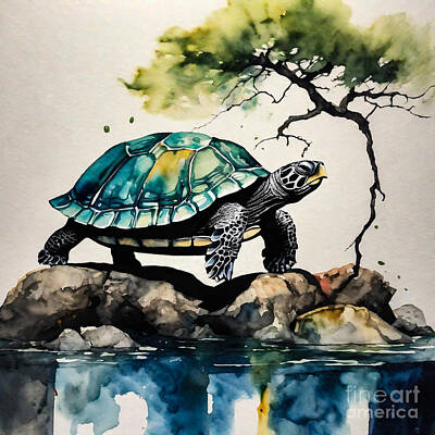 Reptiles Drawings - Turtle in a Bonsai Garden by Adrien Efren