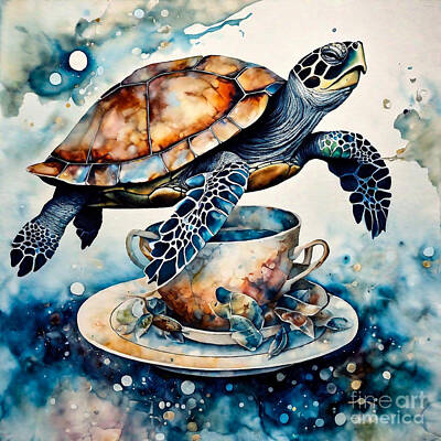 Reptiles Drawings - Turtle in a Celestial Clockwork Tea Party by Adrien Efren