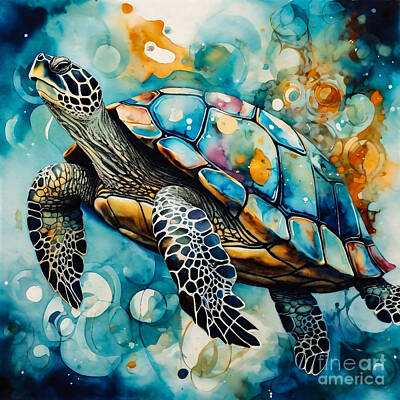 Reptiles Drawings - Turtle in a Celestial Clockwork Underwater Tea Party by Adrien Efren