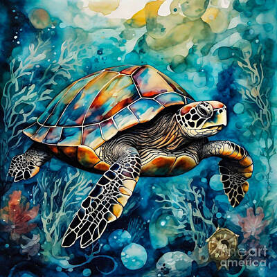 Reptiles Drawings - Turtle in a Celestial Clockwork Underwater Wilderness by Adrien Efren