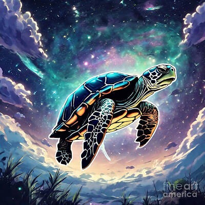 Reptiles Drawings - Turtle in a Celestial Sky with Comet Trails by Adrien Efren