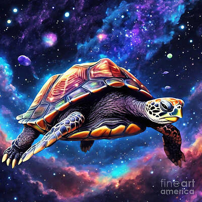 Reptiles Drawings - Turtle in a Celestial Sky with Nebulae and Galaxies by Adrien Efren