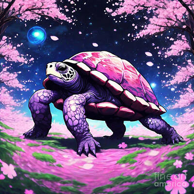 Reptiles Drawings - Turtle in a Cherry Blossom Grove by Adrien Efren