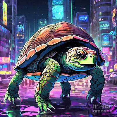 Reptiles Drawings - Turtle in a Cityscape at Night with Neon Lights by Adrien Efren