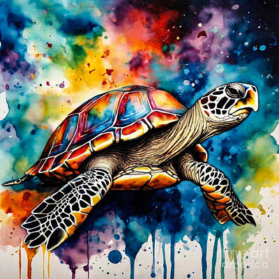 Reptiles Drawings - Turtle in a Cosmic Carnival by Adrien Efren