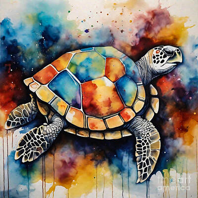 Reptiles Drawings - Turtle in a Cosmic Circus by Adrien Efren