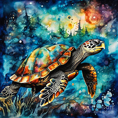 Reptiles Drawings Royalty Free Images - Turtle in a Cosmic Clockwork Fantasy Wilderness Royalty-Free Image by Adrien Efren