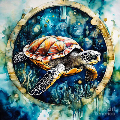 Reptiles Drawings - Turtle in a Cosmic Clockwork Underwater Fantasy Waterway by Adrien Efren