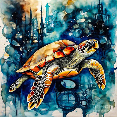Reptiles Drawings - Turtle in a Cosmic Clockwork Underwater Metropolis by Adrien Efren