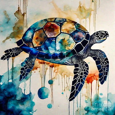 Reptiles Drawings - Turtle in a Cosmic Clockwork Wonderland by Adrien Efren