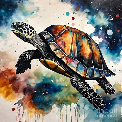 Reptiles Drawings - Turtle in a Cosmic Observatory by Adrien Efren