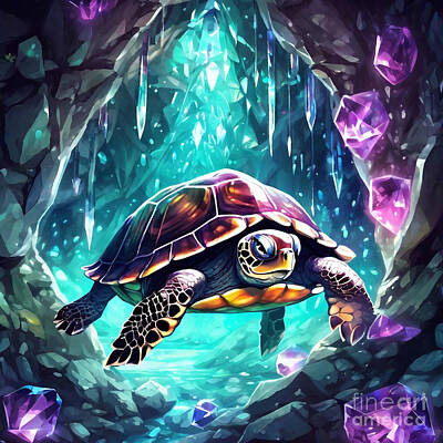 Reptiles Drawings - Turtle in a Crystal Cave with Prism Light by Adrien Efren