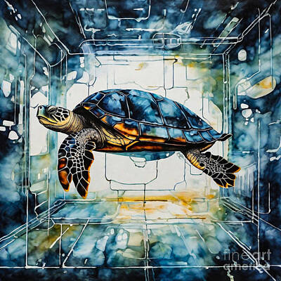 Reptiles Drawings - Turtle in a Cybernetic Augmentation Lab by Adrien Efren