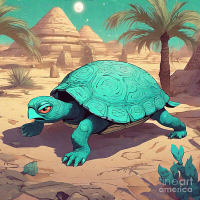 Reptiles Drawings Royalty Free Images - Turtle in a Desert Oasis with Ancient Hieroglyphs Royalty-Free Image by Adrien Efren