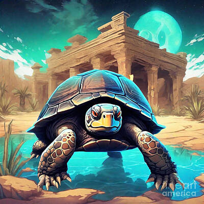 Reptiles Drawings - Turtle in a Desert Oasis with Ancient Ruins by Adrien Efren