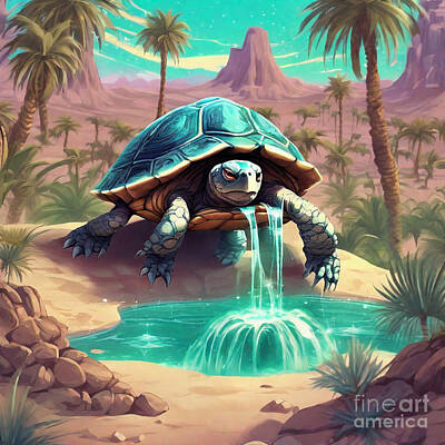 Reptiles Drawings - Turtle in a Desert Oasis with Palm Trees and Waterfalls by Adrien Efren