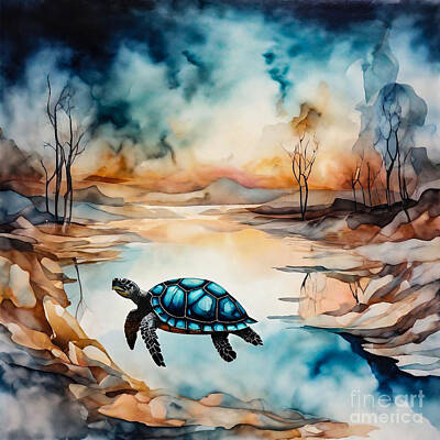 Landscapes Drawings - Turtle in a Dreamlike Surreal Landscape by Adrien Efren