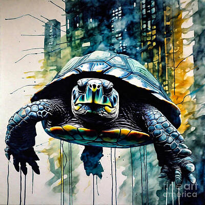 City Scenes Drawings - Turtle in a Dystopian Cyber City by Adrien Efren