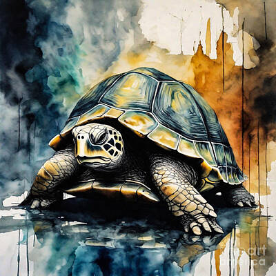 Reptiles Drawings - Turtle in a Dystopian Future by Adrien Efren