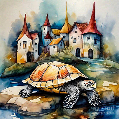 Reptiles Drawings - Turtle in a Fairy Tale Village by Adrien Efren