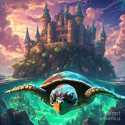 Reptiles Drawings - Turtle in a Fantasy Castle with Floating Islands by Adrien Efren