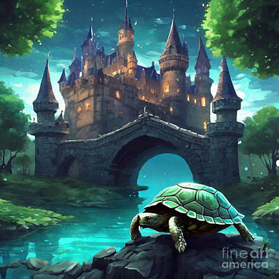 Reptiles Drawings - Turtle in a Fantasy Castle with Moats and Drawbridges by Adrien Efren