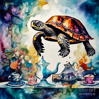 Reptiles Drawings - Turtle in a Fantasy Tea Party by Adrien Efren