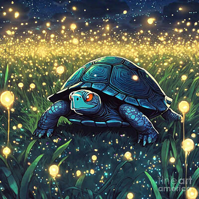 Reptiles Drawings - Turtle in a Field of Fireflies at Dusk by Adrien Efren