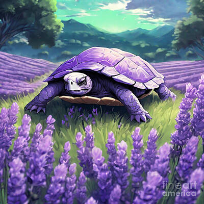 Reptiles Drawings - Turtle in a Field of Lavender by Adrien Efren