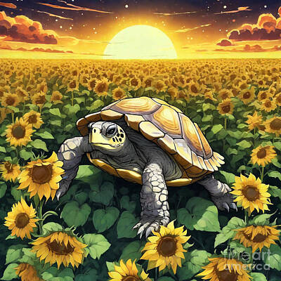 Reptiles Drawings - Turtle in a Field of Sunflowers by Adrien Efren