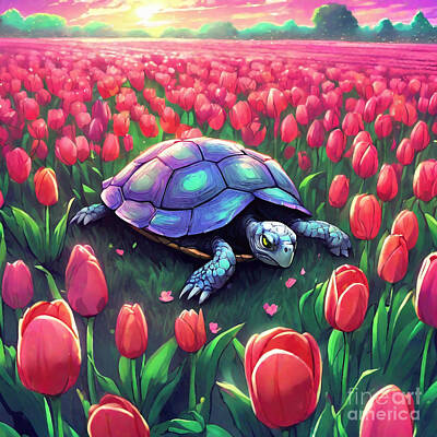 Reptiles Drawings - Turtle in a Field of Tulips by Adrien Efren