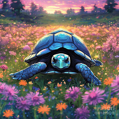 Reptiles Drawings - Turtle in a Field of Wildflowers at Dawn by Adrien Efren
