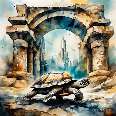 Reptiles Drawings - Turtle in a Futuristic Ancient Ruins by Adrien Efren