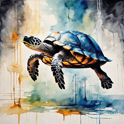 Reptiles Drawings - Turtle in a Futuristic Art Gallery by Adrien Efren