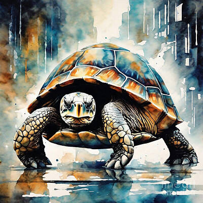 Reptiles Drawings - Turtle in a Futuristic City by Adrien Efren