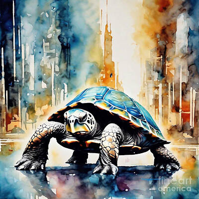 Reptiles Drawings Royalty Free Images - Turtle in a Futuristic Cityscape Royalty-Free Image by Adrien Efren
