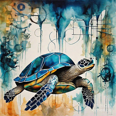 Reptiles Drawings - Turtle in a Futuristic Clockwork Forest by Adrien Efren