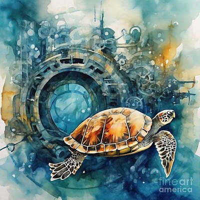 Reptiles Drawings - Turtle in a Futuristic Clockwork Underwater Fantasy Waterway by Adrien Efren
