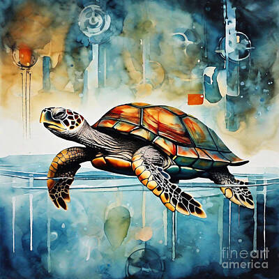 Reptiles Drawings Royalty Free Images - Turtle in a Futuristic Clockwork Waterway Royalty-Free Image by Adrien Efren